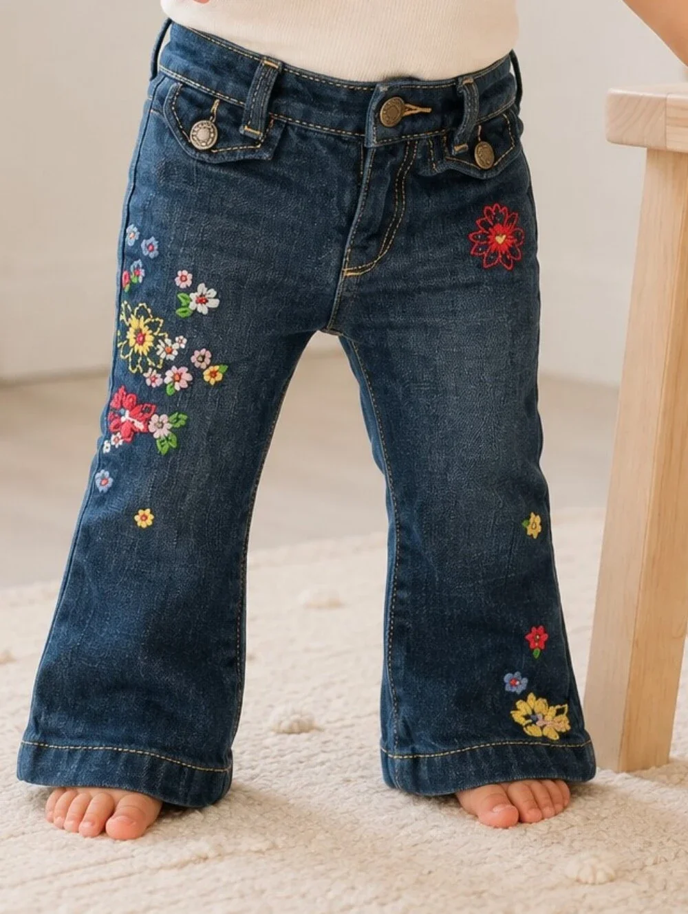 Vtg Gap Toddler Jeans 12-18M Floral Embroidered Flare Boho Y2K Dark Wash